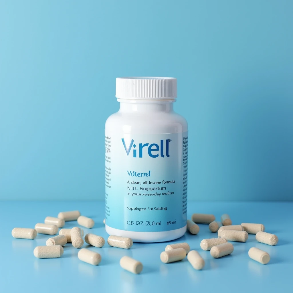 Virell supplement bottle with gradient label on a dark background